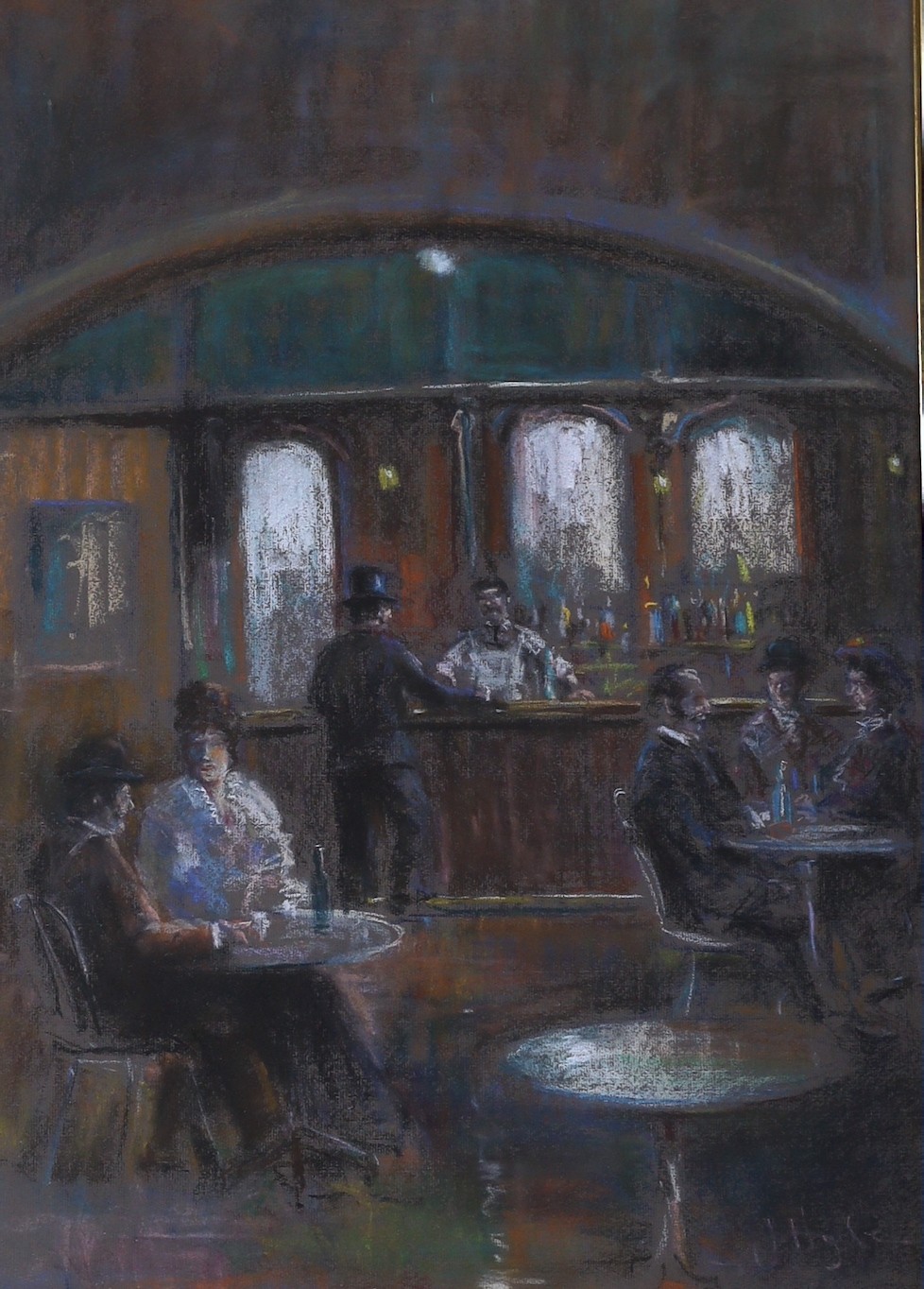 J. Hyde (aka Joel Kirk, b.1948), pastel, Interior café scene, signed with Charles Phillips COA, 67 x 48cm